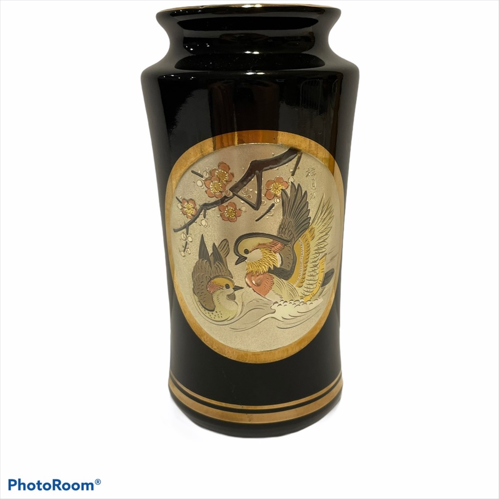 The Art of Chokin 24K Gold Edge Black Vase birds